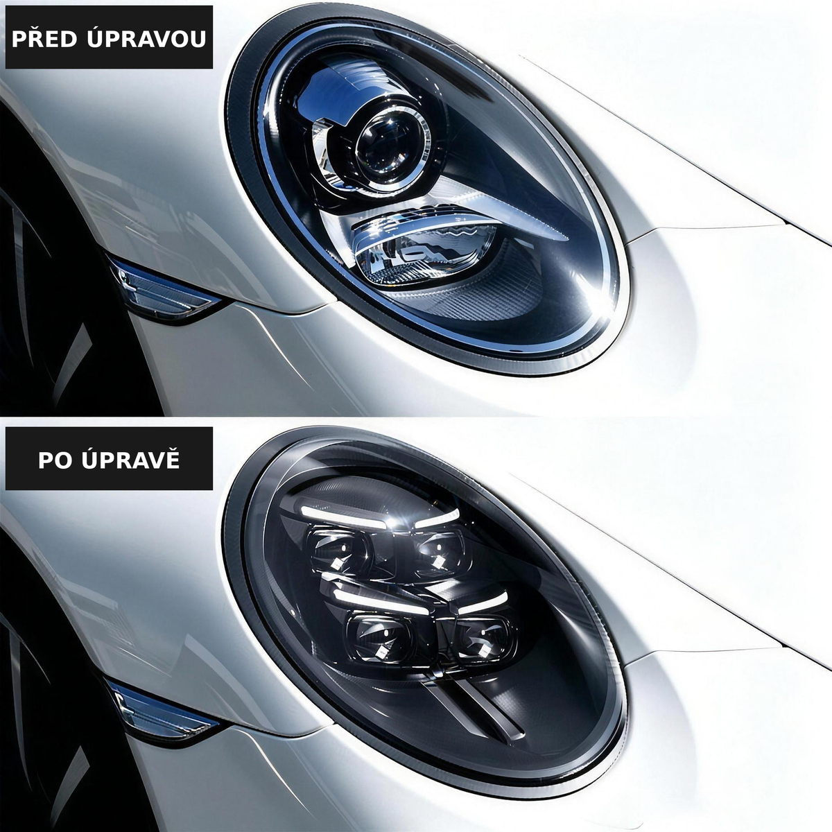Porsche 911 991 před úpravou a po úpravě – výměna světlometů za LED ve stylu 992