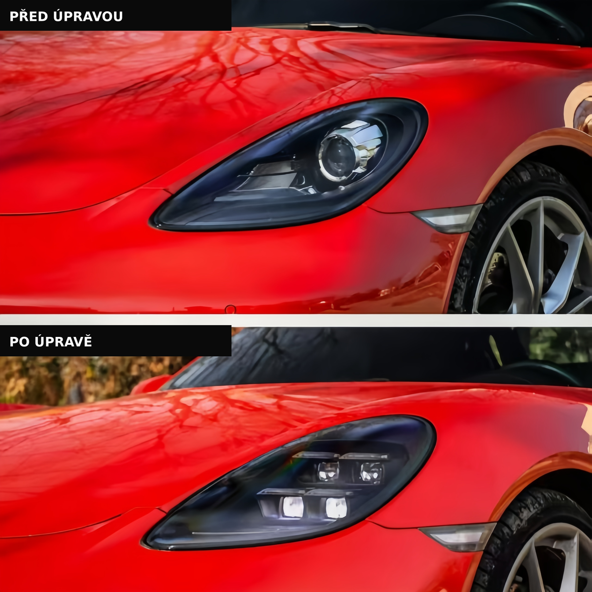 Porsche 718 před úpravou a po úpravě – výměna světlometů za matrix LED