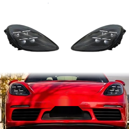 Přední LED světlomety pro Porsche 718 – pár a nasazení na červeném voze