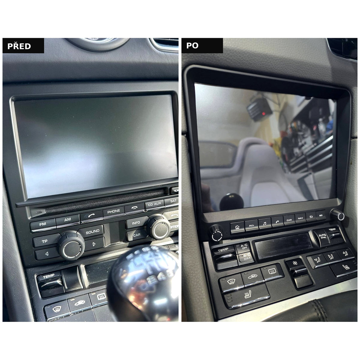 Porsche Boxster/Cayman 981 – sériové rádio CDR před úpravou a nové autorádio s CarPlay po úpravě