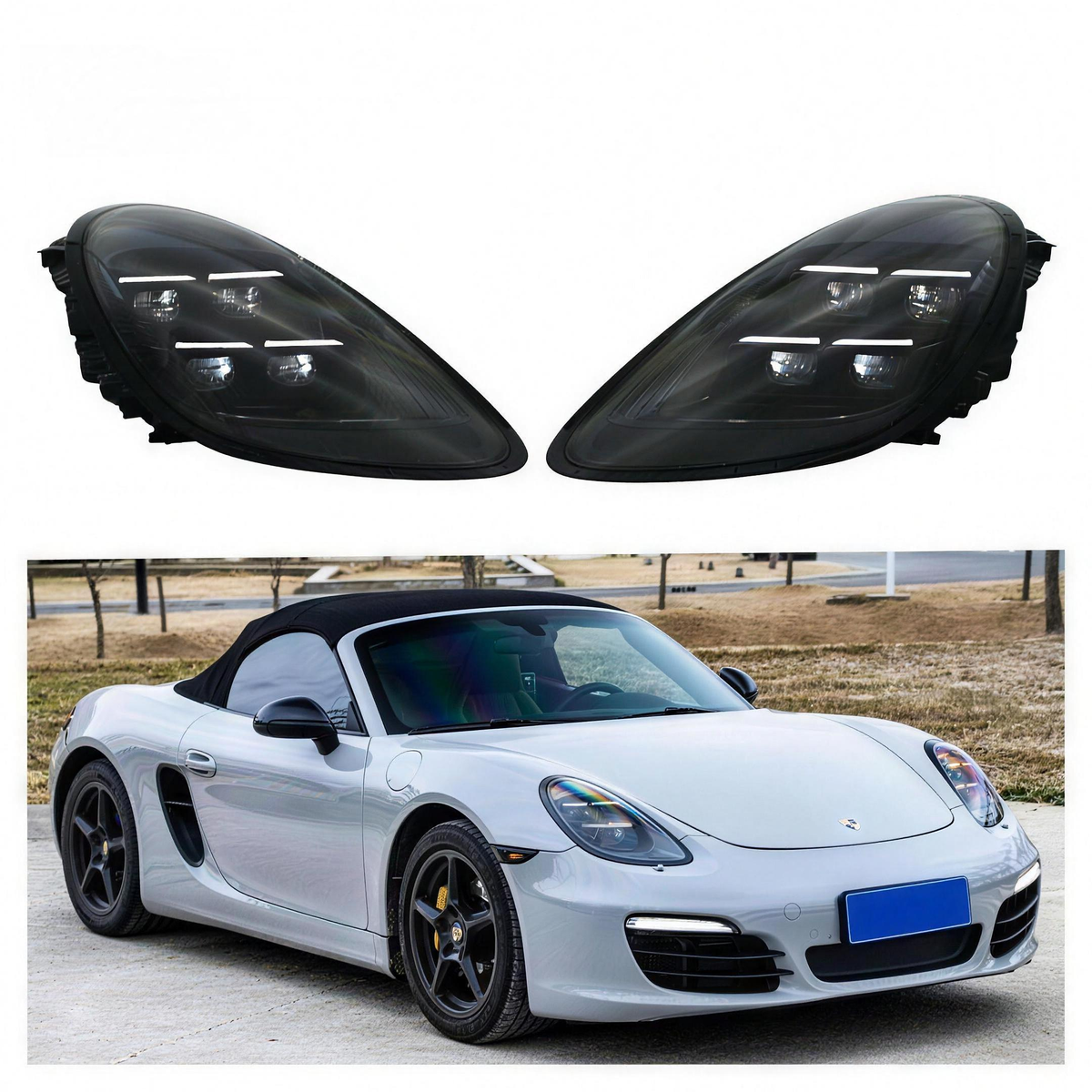 Přední LED světlomety pro Porsche Boxster/Cayman 981 – pár a nasazení na voze